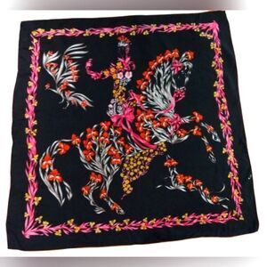 Vintage Floral Black & Pink Silk Scarf Horse Flowers Cheval Fleuri Foulard